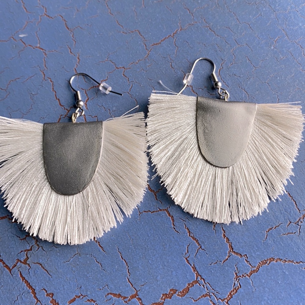 White fringe & silver earrings